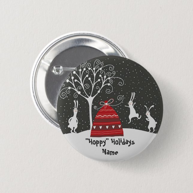 Badge Rond 5 Cm Winter Bunny Hoppy Holidays Button (Devant & derrière)