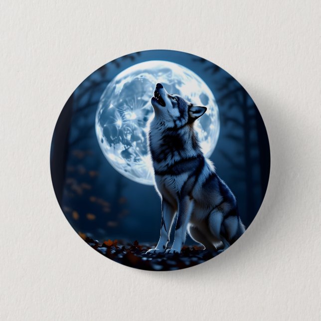 Badge Rond 5 Cm Wolf Howling à la Lune (Devant)