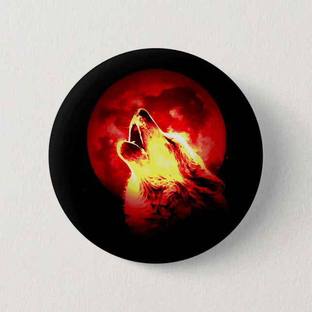 Badge Rond 5 Cm Wolf Howling à Red Night (Devant)