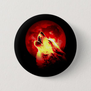 Badge Rond 5 Cm Wolf Howling à Red Night