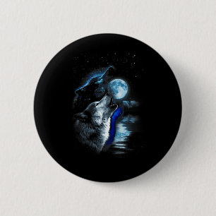Badge Rond 5 Cm Wolf Moon Lake Wolf Howling Pleine lune Wolf Graph