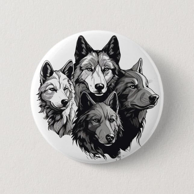 Badge Rond 5 Cm Wolf Pack Graphisme tribal Loups noirs et blancs (Devant)