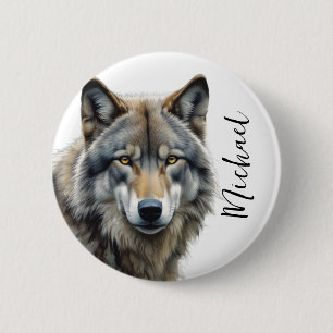 Badge Rond 5 Cm Wolf Portrait Votre nom Écriture personnalisée