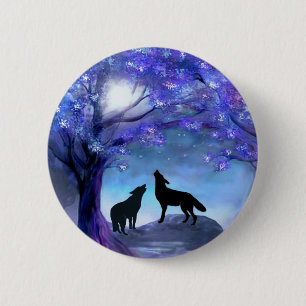 Badge Rond 5 Cm Wolf Wolf Wildlife Animals Bouton bleu