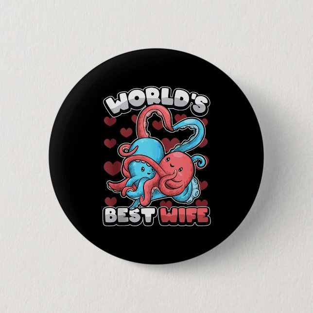 Badge Rond 5 Cm World's Wife Cute Kawaii Octopus Heart Cute Couple (Devant)