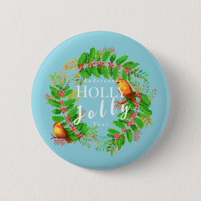 Badge Rond 5 Cm Wreath Holly Jolly Noël Turquoise (Devant)
