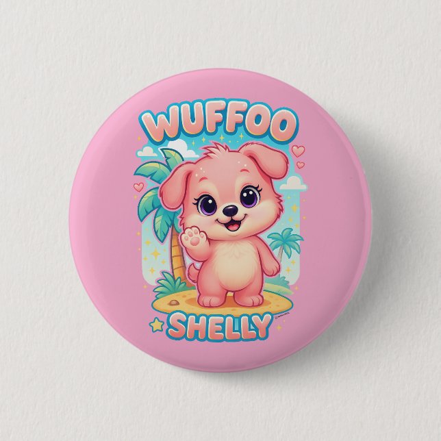 Badge Rond 5 Cm Wuffoo Shelly Kawaii Puppy Tropical Island (Devant)