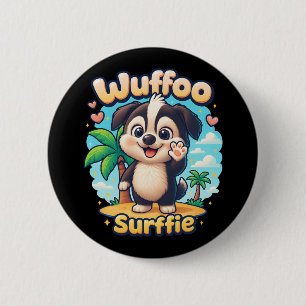 Badge Rond 5 Cm Wuffoo Surffie Chiot Mignon Kawaii Île Tropicale
