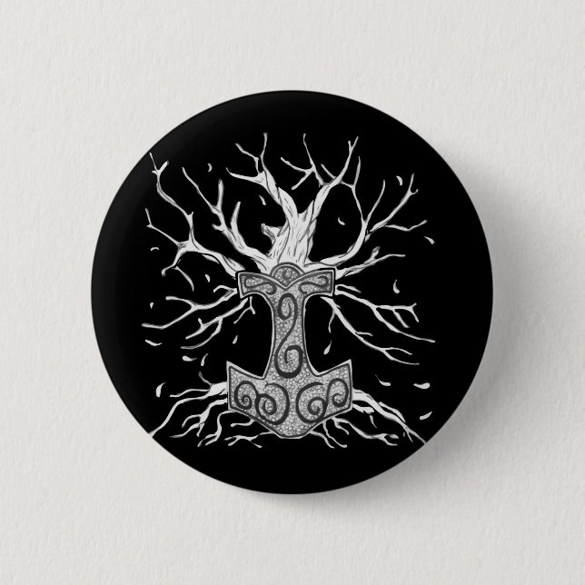 Badge Rond 5 Cm Yggdrasil, l'arbre des Neuf Mondes et Mjolnir (Devant)
