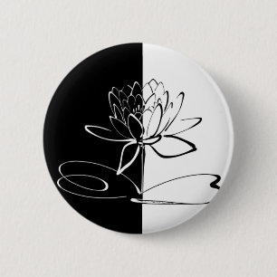 Badge Rond 5 Cm Yin Yang Fleur de Lotus Noir et Blanc