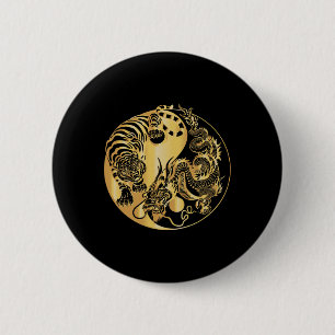 Badge Rond 5 Cm Yin Yang Tigre Dragon Or