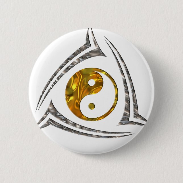 Badge Rond 5 Cm Yin & Yang / Tribal - or argent (Devant)