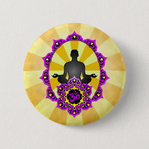 Badge Rond 5 Cm Yoga Aum de méditation, pourpre et jaune
