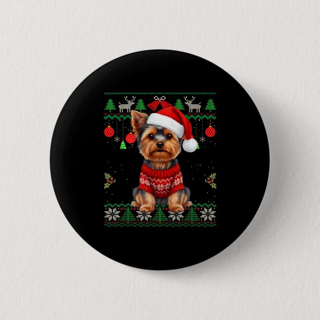Badge Rond 5 Cm Yorkie Dog Christmas Wearing Ugly Christmas Sweate (Devant)