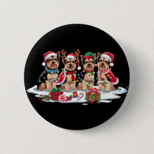 Badge Rond 5 Cm Yorkie Santa chapeau bois luge de Noël