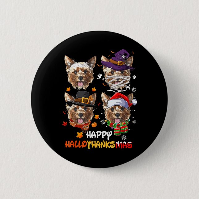 Badge Rond 5 Cm Yorkshire Chien Hallothanksmas Halloween Thanksgiv (Devant)