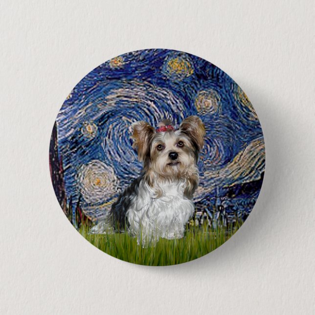 Badge Rond 5 Cm Yorkshire Terrier (Biewer) - Nuit étoilée (Devant)
