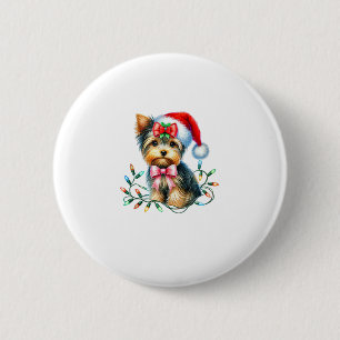 Badge Rond 5 Cm Yorkshire Terrier Chien avec Coquette Bow Noël