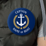 Badge Rond 5 Cm Your Boat Name Captain Anchor Gold Laurel Navy<br><div class="desc">A Personalized Button with your boat name, family name or other desired text and Captain title or other rank as needed. Featuring a custom designed nautical boat anchor, gold style laurel leaves and star emblem on navy blue or easily adjust the primary color to match your current theme. Makes a...</div>