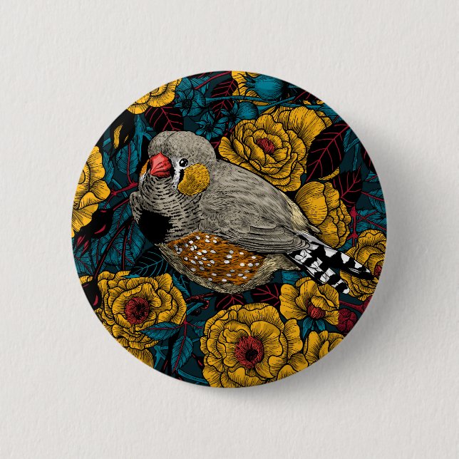 Badge Rond 5 Cm Zebra finch et buisson rose (Devant)