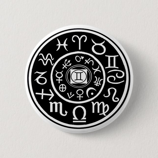 Badge Rond 5 Cm Zodiac - Constellation Gemini et conception planét (Devant)