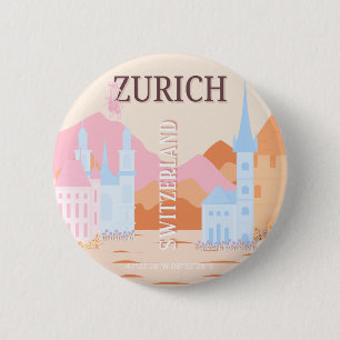 Badge Rond 5 Cm Zurich Travel Art, Suisse, Retro Travel Art