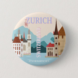 Badge Rond 5 Cm Zurich Travel Art, Suisse Travel Art, Retro