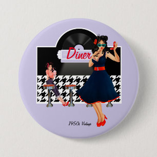 Badge Rond 7,6 Cm 1950 Diner lavender noir & blanc à damiers rétro