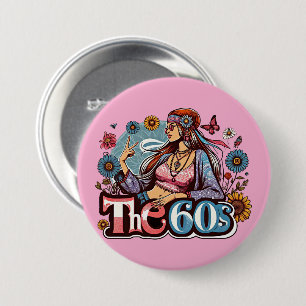 Badge Rond 7,6 Cm 1960 Hippie fille poussin signe de paix doigts art