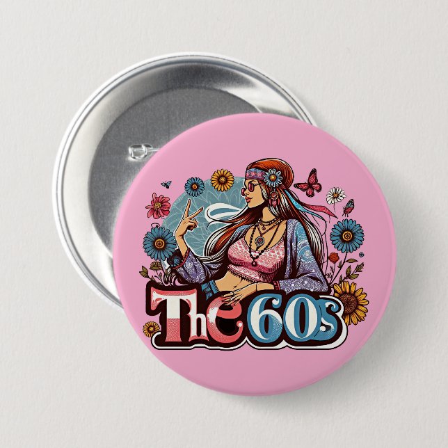 Badge Rond 7,6 Cm 1960 Hippie fille poussin signe de paix doigts art (Devant & derrière)
