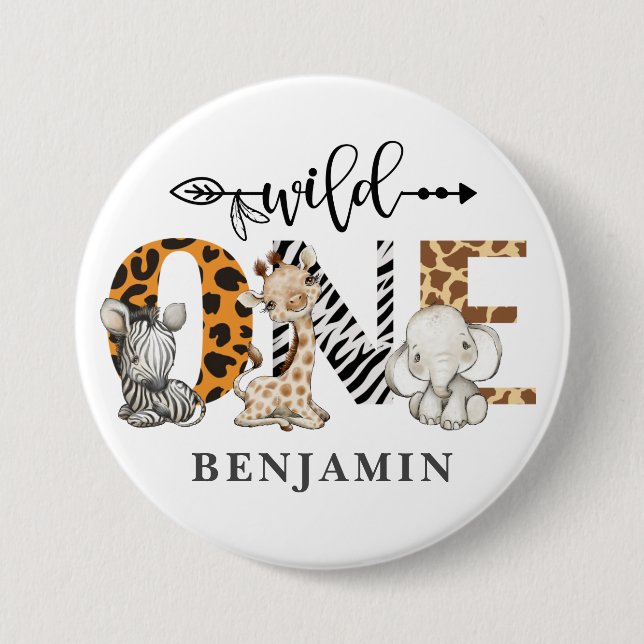 Badge Rond 7,6 Cm 1er anniversaire Wild One Safari Animaux Thème (Devant)