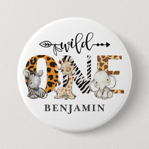 Badge Rond 7,6 Cm 1er anniversaire Wild One Safari Animaux Thème