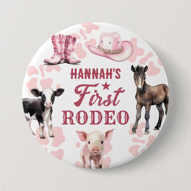 Badge Rond 7,6 Cm 1er bouton Rodeo Pink Anniversaire (Devant)