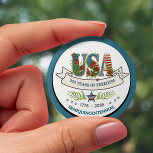 Badge Rond 7,6 Cm 250 Ans d'Élégante Liberté Patriotique Blanche Ble