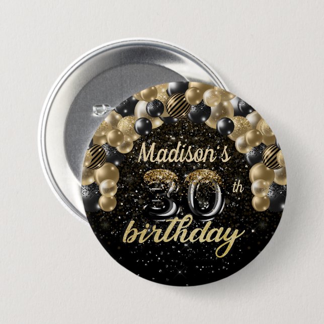 Badge Rond 7,6 Cm 30e anniversaire Black Gold Balloon Parties scinti (Devant & derrière)
