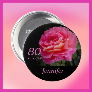 Badge Rond 7,6 Cm 80 Ans, Rose Rose Button Pin