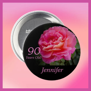 Badge Rond 7,6 Cm 90 Ans, Nom, Floral Rose Rose Bouton Pin