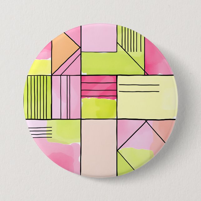Badge Rond 7,6 Cm Abstrait patchwork rose et vert citron (Devant)