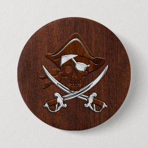 Badge Rond 7,6 Cm Acier d'acajou nautique humide de crâne de pirate