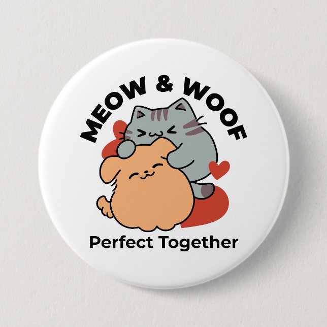 Badge Rond 7,6 Cm Adorable chat et chien Hug - Meow & Woof Design (Devant)