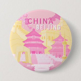 Badge Rond 7,6 Cm Affiche de voyage à Pékin Chine Art rose et jaun