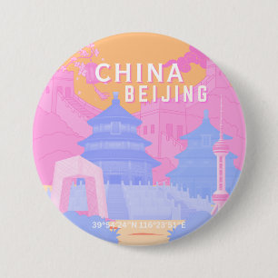 Badge Rond 7,6 Cm Affiche de voyage à Pékin Chine   Pastel rose et b