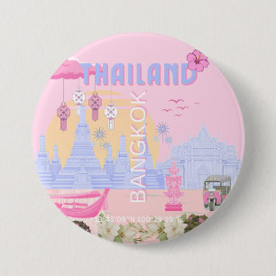 Badge Rond 7,6 Cm Affiche de voyage rose pastel bleu de Bangkok Thaï