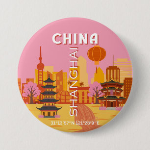 Badge Rond 7,6 Cm Affiche Vintage de Voyage à Shanghai Chine