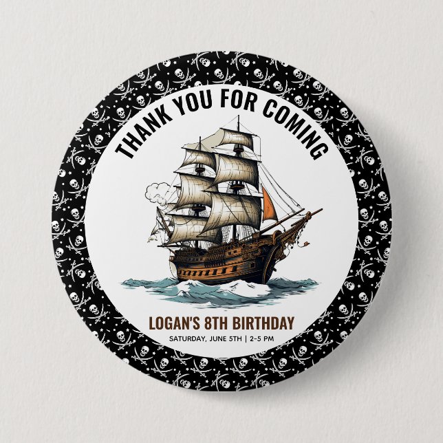 Badge Rond 7,6 Cm Ahoy ! Pirate Ship 8e anniversaire (Devant)