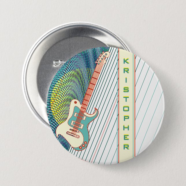 Badge Rond 7,6 Cm Ajouter un nom Cool moderne blanc & Turquoise Guit (Devant & derrière)