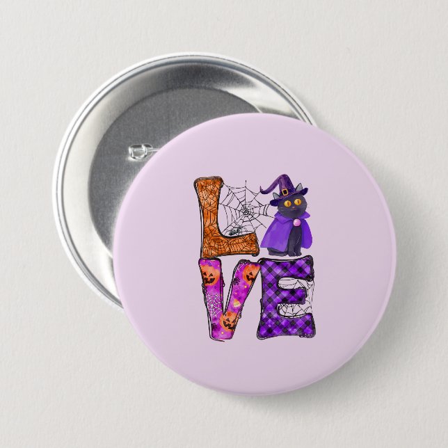 Badge Rond 7,6 Cm Amour - Chat noir sorcière (Devant & derrière)