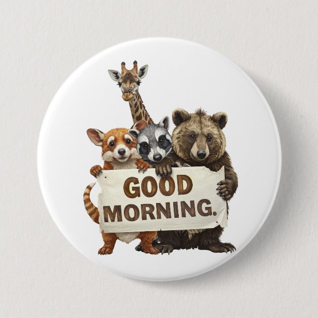 Badge Rond 7,6 Cm Animals, Good Morning, (Devant)