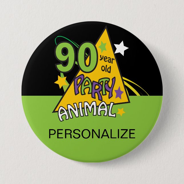 Badge Rond 7,6 Cm Animaux de fête de 90 ans | 90e anniversaire (Devant)