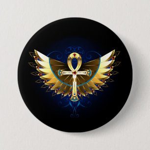 Badge Rond 7,6 Cm Ankh or avec ailes